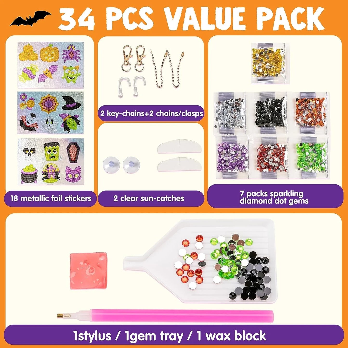 Halloween Crafts for Kids,Gem Art Kit Diamond Painting Kit with Stickers,Suncatchers,And Keychains,Halloween Party Supplies Halloween Arts and Crafts