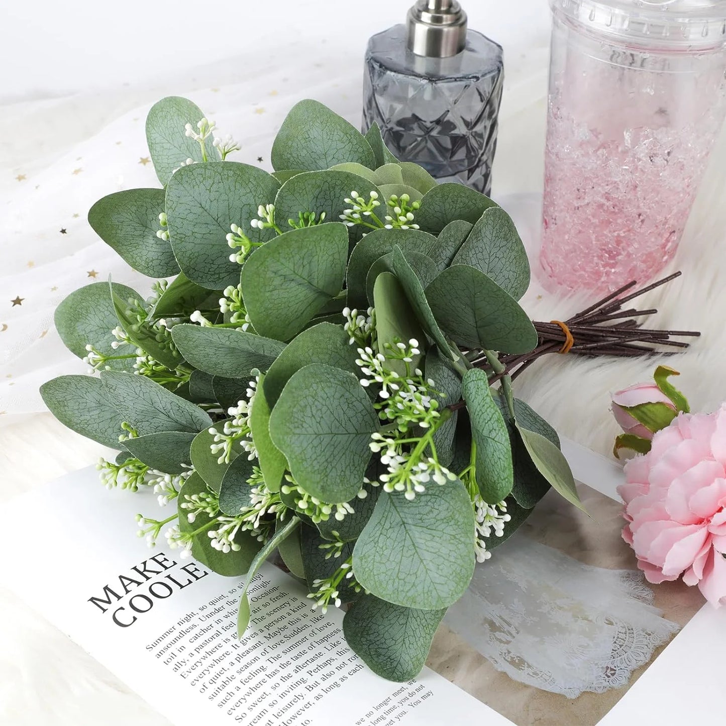 20PCS Artificial Eucalyptus Leaves Stems, Greenery Decoration Branches with Flowers for Floral Arrangement Vase Wedding Bouquets Centerpiece