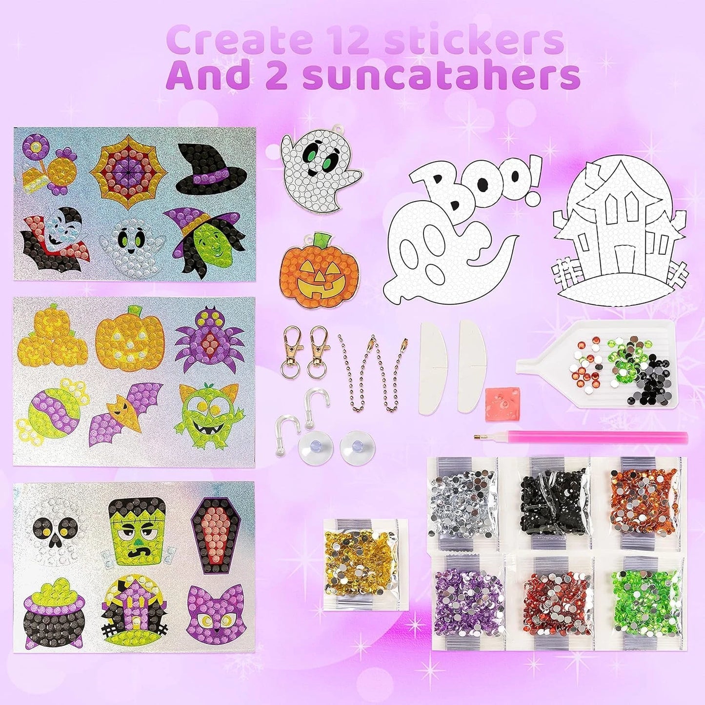 Halloween Crafts for Kids,Gem Art Kit Diamond Painting Kit with Stickers,Suncatchers,And Keychains,Halloween Party Supplies Halloween Arts and Crafts