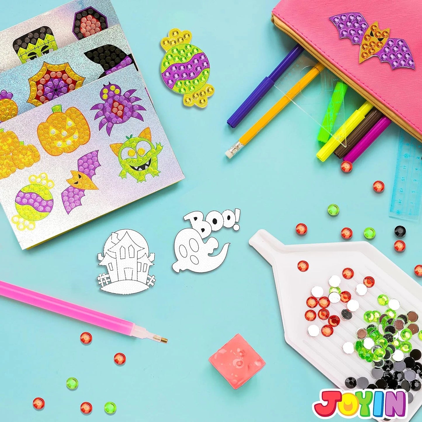 Halloween Crafts for Kids,Gem Art Kit Diamond Painting Kit with Stickers,Suncatchers,And Keychains,Halloween Party Supplies Halloween Arts and Crafts