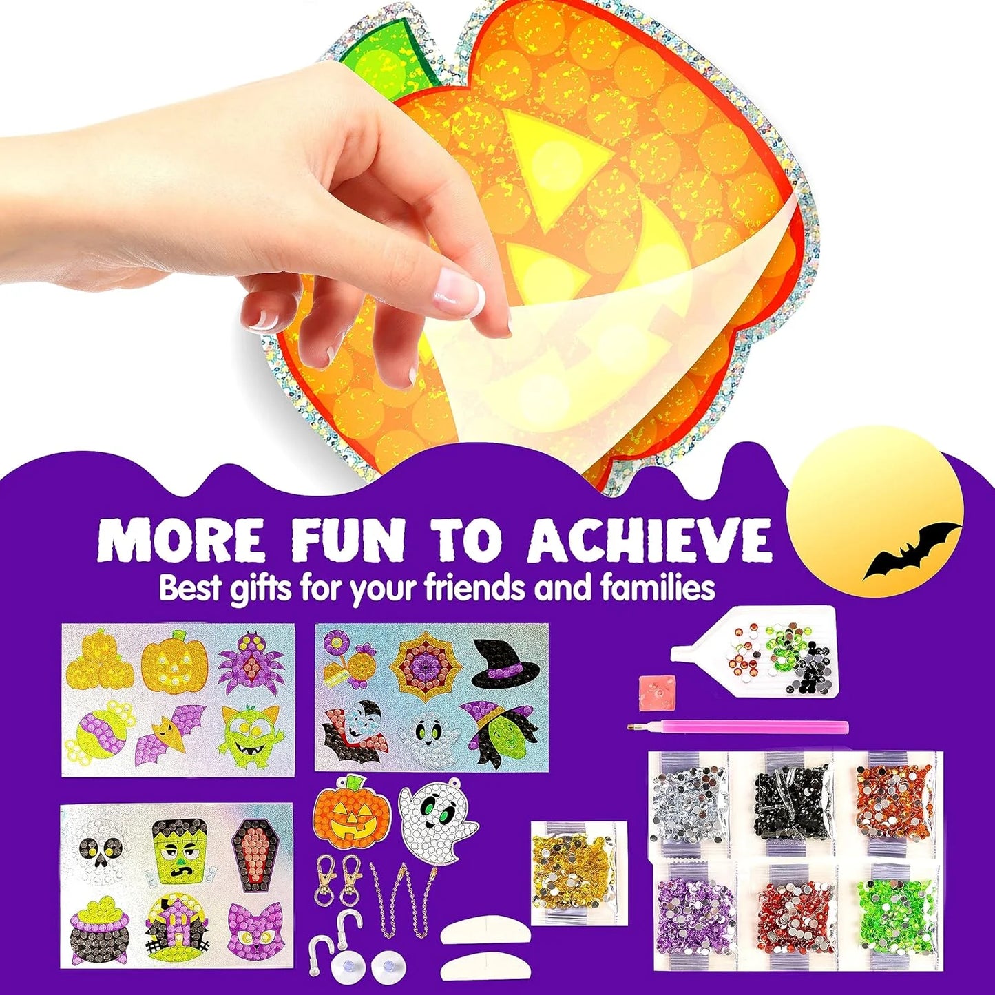 Halloween Crafts for Kids,Gem Art Kit Diamond Painting Kit with Stickers,Suncatchers,And Keychains,Halloween Party Supplies Halloween Arts and Crafts