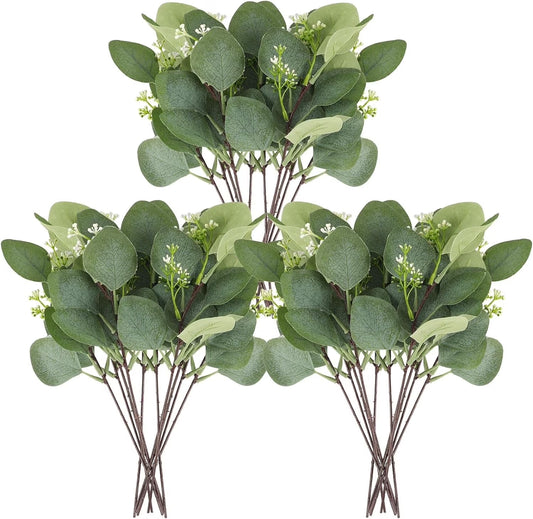 20PCS Artificial Eucalyptus Leaves Stems, Greenery Decoration Branches with Flowers for Floral Arrangement Vase Wedding Bouquets Centerpiece