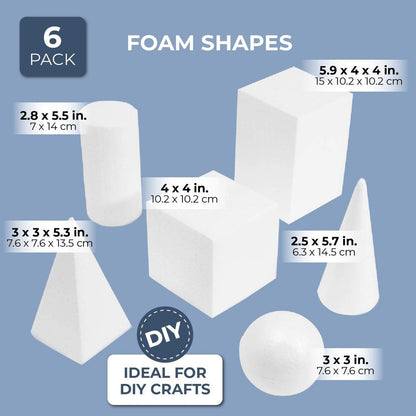 6 Pack Craft Foam Shapes for DIY Crafts Art Modeling, White, 2.5 to 5.9 In