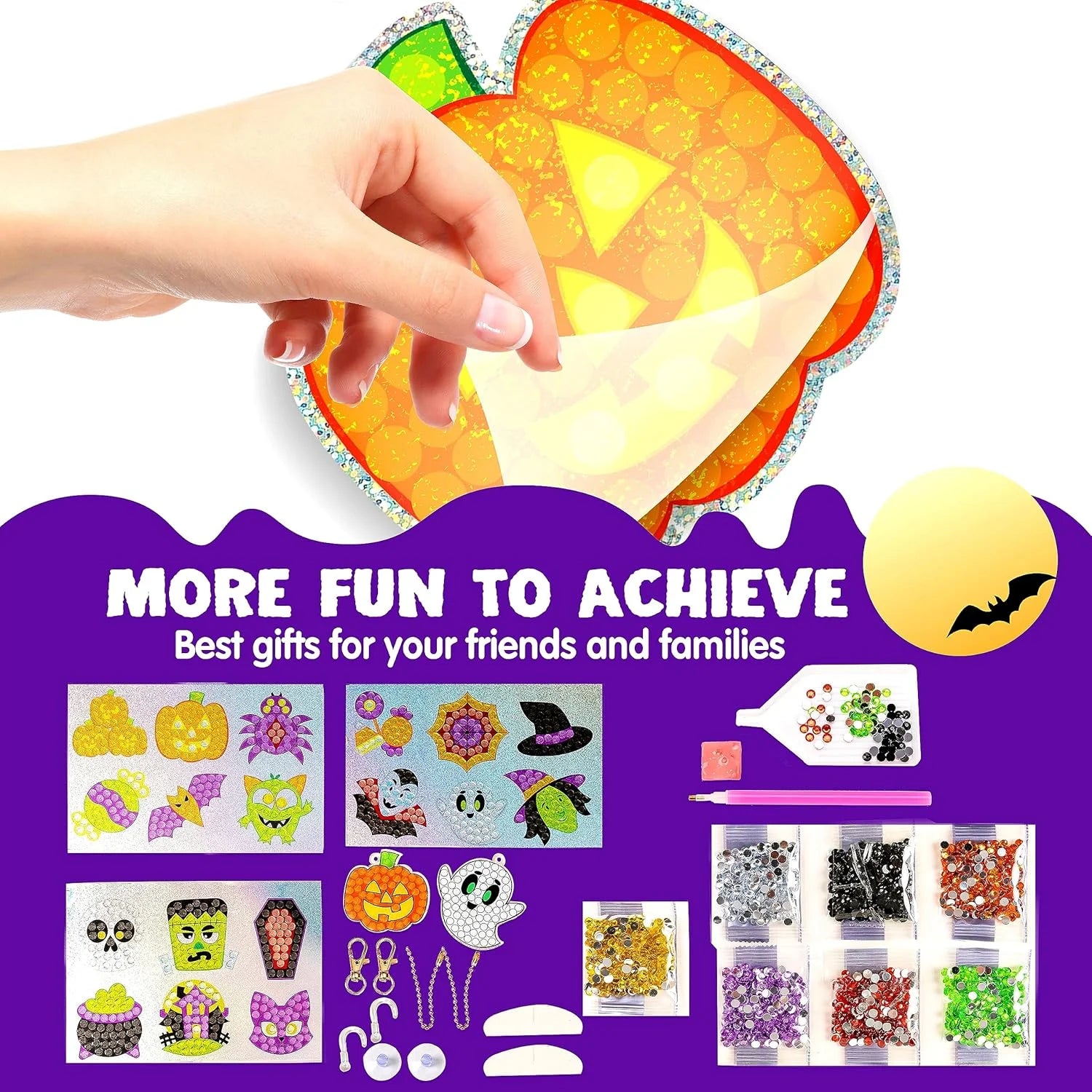 Halloween Crafts for Kids,Gem Art Kit Diamond Painting Kit with Stickers,Suncatchers,And Keychains,Halloween Party Supplies Halloween Arts and Crafts